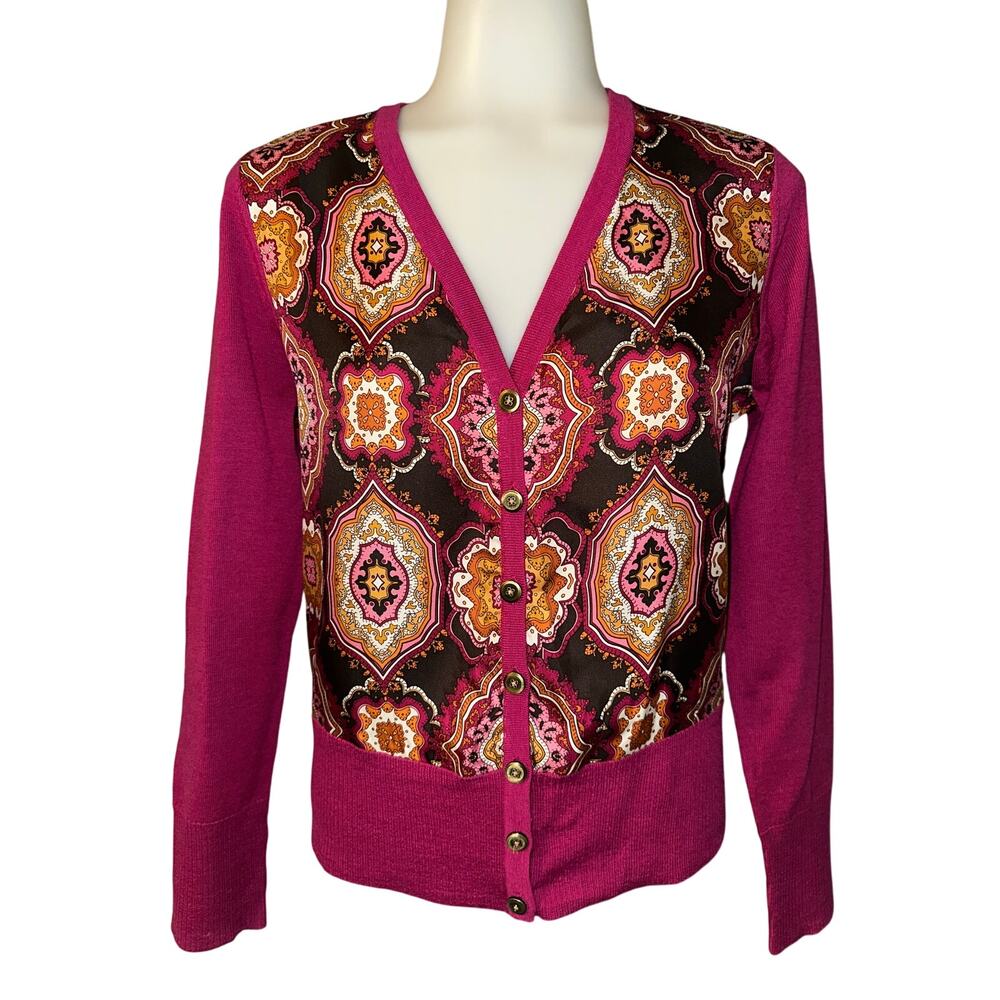 Talbots Petites Women's Size S Silk/Wool Cardigan Pink Black Elegant Style